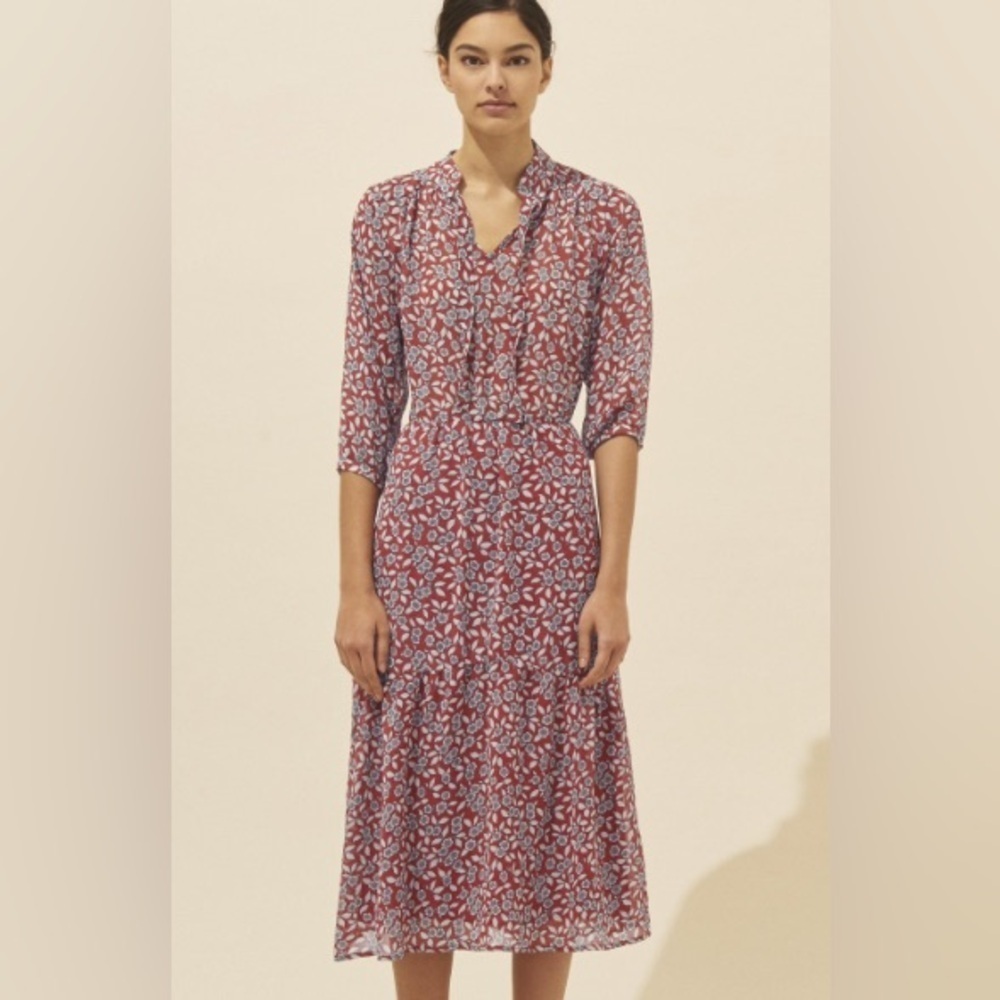 BA&SH Sz US 4 Bonnie Bordeaux Red Floral Midi Dress Flared Flowy Skirt Boho